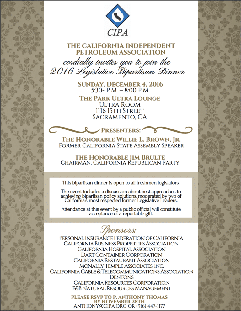 An invitation to the California Independent Petroleum Association's dinner for freshmen legislators