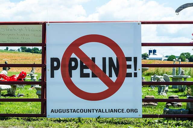 A sign protesting Dominion's Atlantic Coast Pipeline from a Virginia grassroots group.