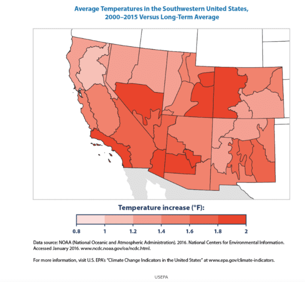 Map of average temperatures in U.S., 2000 - 2015 vs. long-term average (NOAA)