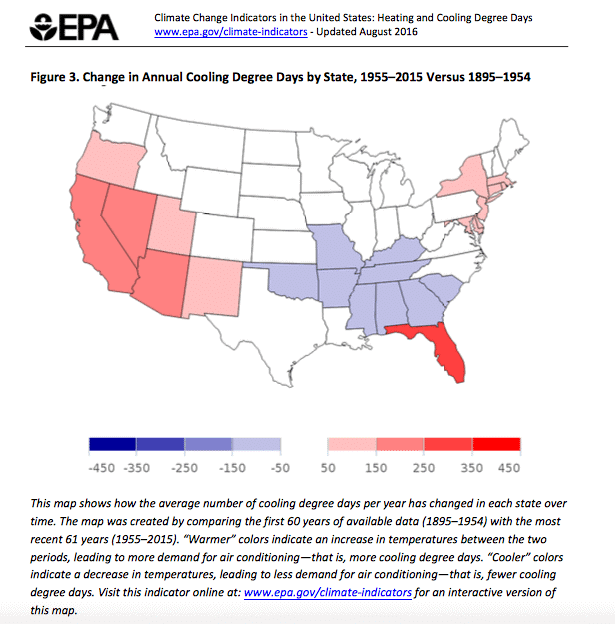 Change in annual cooling degree days by state, 1955 - 2015 vs. 1895 - 1954 (EPA)
