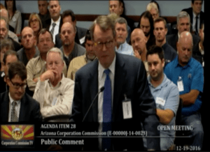 Phil Moeller of EEI testifies against the inclusion of rooftop solar benefits in rates at the Arizona Corporation Commission in December, 2016.