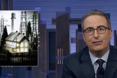 John Oliver discusses utility scandals with title card reading "Utilities" and images of electric infrastructure