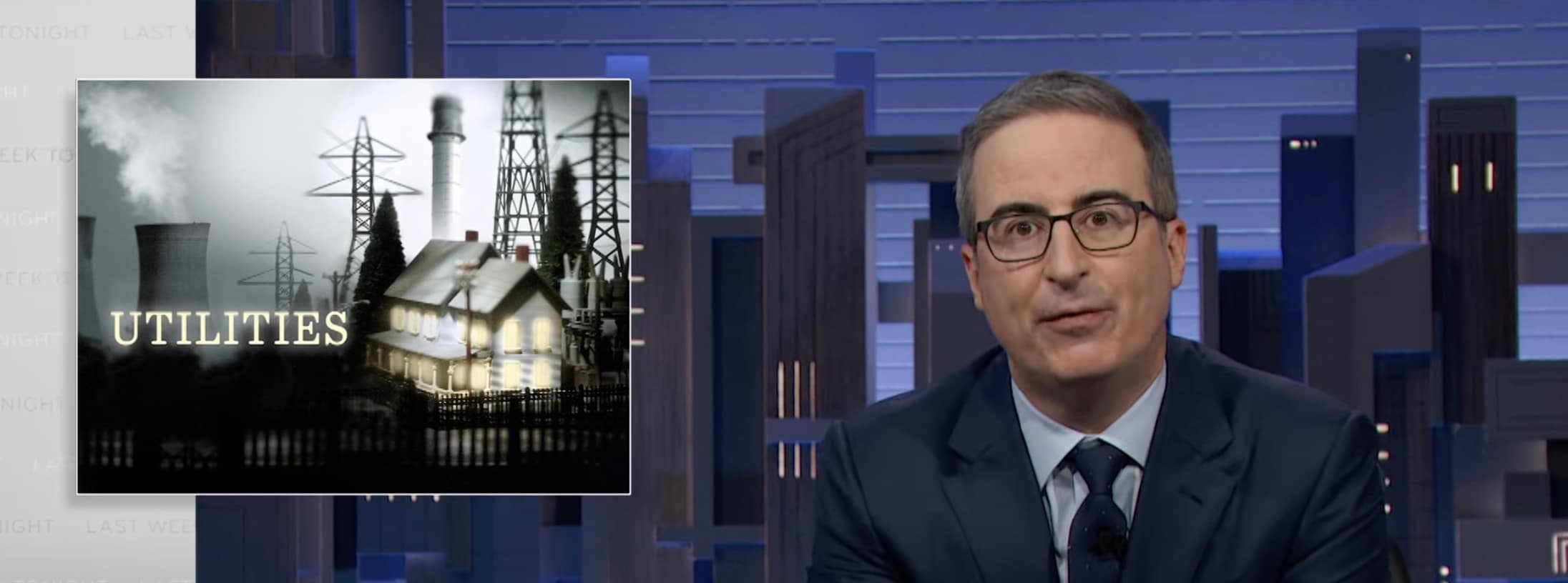 John Oliver discusses utility scandals with title card reading "Utilities" and images of electric infrastructure
