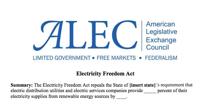 A portion of the American Legislative Exchange Council's "Electricity Freedom Act" aimed at repealing state renewable energy standards.