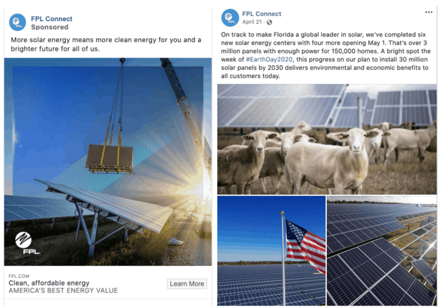 FPL social media shows ads and posts about their solar programs