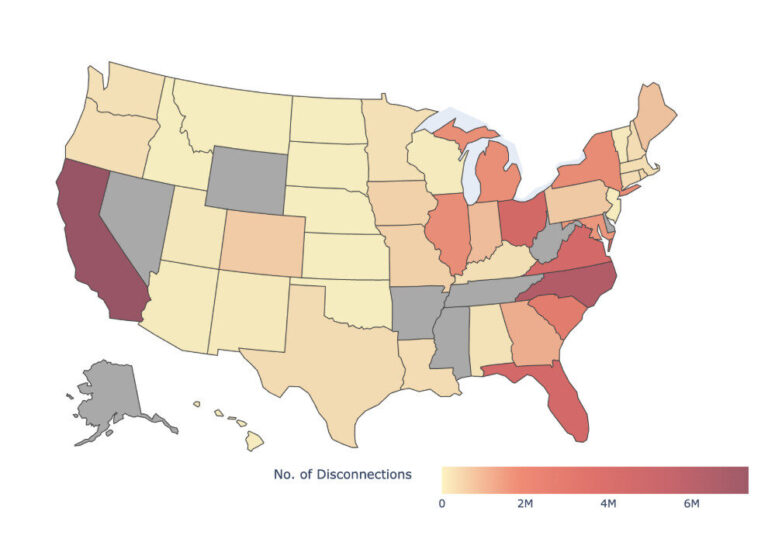 Map showing the number of utility disconnections by state shows that CA and NC are the outliers.