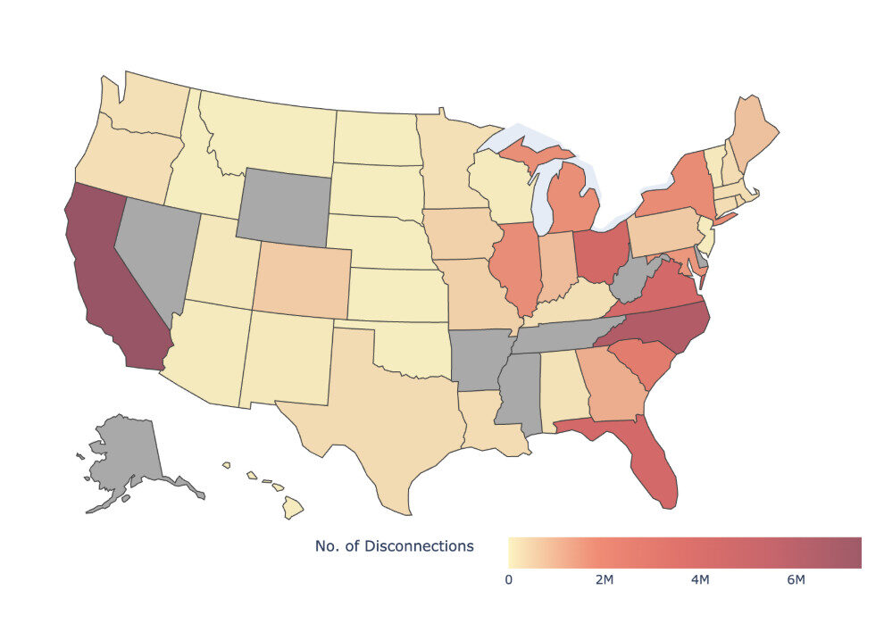 Map showing the number of utility disconnections by state shows that CA and NC are the outliers.