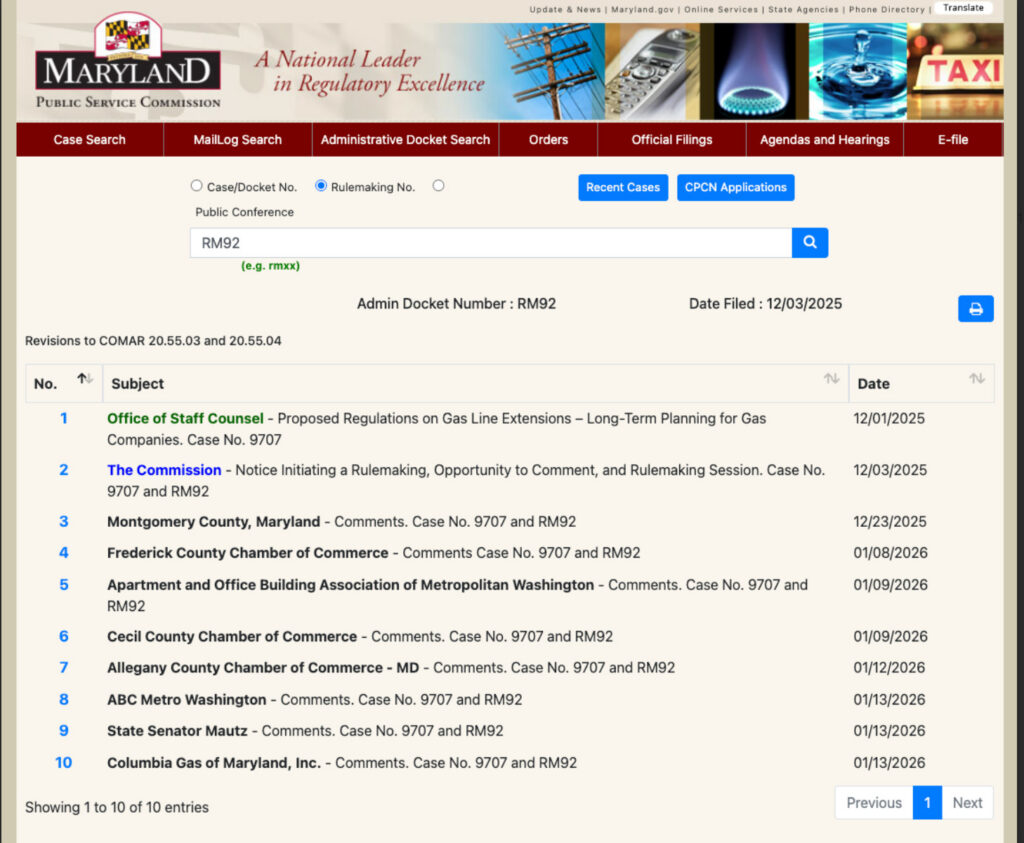 A screenshot of Docket RM92 from February 4, showing "Columbia Gas of Maryland, Inc." as the author of filing #10