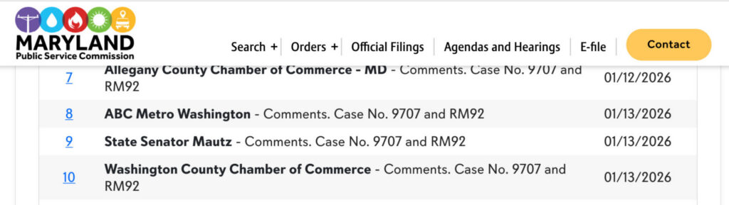 A screenshot of Docket RM92 from February 4, showing "Washington County Chamber of Commerce" as the author of filing #10